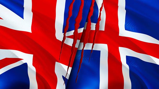 Birleşik Krallık ve İzlanda bayrakları yara izi konseptiyle. Dalgalanan bayrak, 3 boyutlu görüntüleme. Birleşik Krallık ve İzlanda çatışma konsepti. Birleşik Krallık İzlanda ilişkileri kavramı. Birleşik Krallık bayrağı - Fotoğraf, Görsel