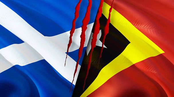 İskoçya ve Doğu Timor yara izi olan bayraklar. Dalgalanan bayrak, 3 boyutlu görüntüleme. İskoçya ve Doğu Timor çatışma konsepti. İskoçya Doğu Timor ilişkileri kavramı. İskoçya ve Doğu Timo bayrağı - Fotoğraf, Görsel
