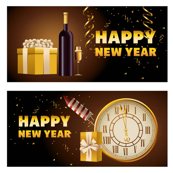 happy new year golden letterings with champagne and watch - Vector, Image