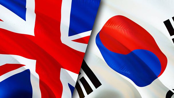 Flagi Zjednoczonego Królestwa i Korei Południowej. Projektowanie flagi 3D. Wielka Brytania Korea Południowa flaga, obraz, tapeta. Wielka Brytania vs obraz Korei Południowej, renderowanie 3D. Zjednoczone Królestwo South Kore - Zdjęcie, obraz
