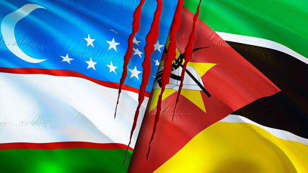 Üzbegisztán és Mozambik zászlók hegkoncepcióval. Lengő zászló, 3D-s renderelés. Üzbegisztán és Mozambik konfliktuskoncepciója. Üzbegisztán Mozambiki kapcsolatok koncepciója. zászló Üzbegisztán és Mozambik - Fotó, kép