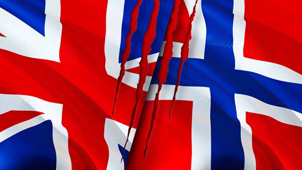 イギリスとノルウェーは傷の概念で旗を掲げている。旗を振って3Dレンダリング。イギリスとノルウェーの対立概念。イギリスノルウェー関係の概念。イギリスとノルワの国旗 - 写真・画像