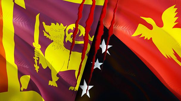 Sri Lanka and Papua New Guinea flags with scar concept. Waving flag,3D rendering. Sri Lanka and Papua New Guinea conflict concept. Sri Lanka Papua New Guinea relations concept. flag of Sri Lanka an - Photo, Image