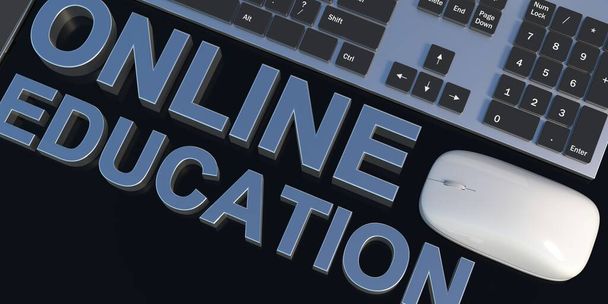 Online onderwijs, e-learning concept. Tekst webinar, computer toetsenbord en muis, zwarte bureau achtergrond. Sociale afstand, coronavirus nieuw normaal. 3d illustratie - Foto, afbeelding