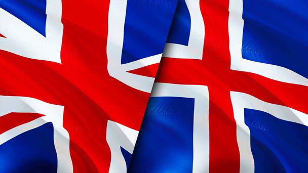 Флаги Великобритании и Исландии. 3D Wawing дизайн флага. Исландский флаг Великобритании, фото, обои. United Kingdom vs Iceland image, 3D rendering. Отношения Великобритании и Исландии - Фото, изображение