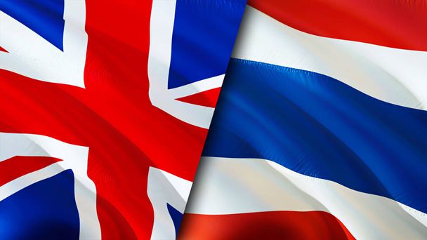 Verenigd Koninkrijk en Thailand vlaggen. 3D Waving vlag ontwerp. Verenigd Koninkrijk Thailand vlag, foto, behang. Verenigd Koninkrijk vs Thailand image, 3D rendering. Betrekkingen met het Verenigd Koninkrijk Thailand - Foto, afbeelding