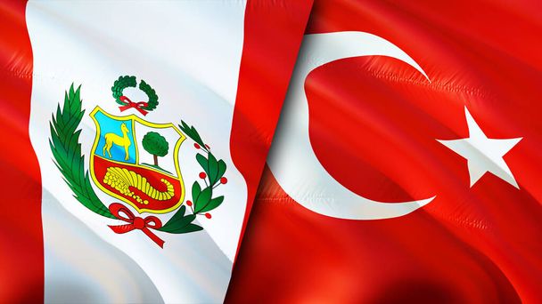 Peru and Turkey flags. 3D Waving flag design. Peru Turkey flag, picture, wallpaper. Peru vs Turkey image,3D rendering. Peru Turkey relations alliance and Trade,travel,tourism concep - Photo, image