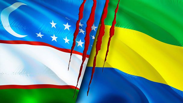 Üzbegisztán és Gabon zászlók sebhely koncepcióval. Lengő zászló, 3D-s renderelés. Üzbegisztán és Gabon konfliktus koncepció. Üzbegisztán Gabon kapcsolatok koncepciója. zászló Üzbegisztán és Gabon válság, háború, attac - Fotó, kép