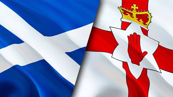 Banderas de Escocia e Irlanda del Norte. Diseño de banderas 3D Waving. Escocia Irlanda del Norte bandera, foto, fondo de pantalla. Escocia vs Irlanda del Norte imagen, representación 3D. Escocia Irlanda del Norte relación - Foto, imagen