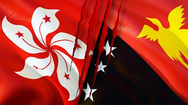 Hong Kong and Papua New Guinea flags with scar concept. Waving flag,3D rendering. Hong Kong and Papua New Guinea conflict concept. Hong Kong Papua New Guinea relations concept. flag of Hong Kong an - Photo, Image