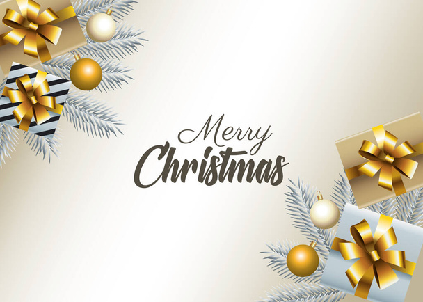 Feliz Feliz Navidad letras con abetos de plata y regalos - Vector, imagen