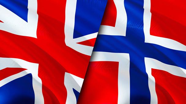 Флаги Великобритании и Норвегии. 3D Wawing дизайн флага. Флаг Великобритании Норвегия, фото, обои. United Kingdom vs Norway image, 3D rendering. Британско-норвежский альянс - Фото, изображение
