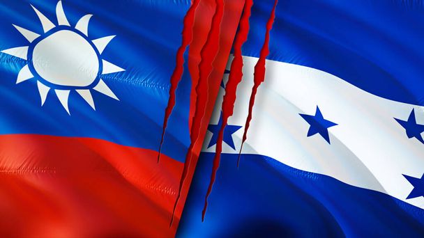 Σημαίες Ταϊβάν και Ονδούρας με ουλή έννοια. Κυματιστή σημαία, τρισδιάστατη απόδοση. Ταϊβάν και Ονδούρα Ταϊβάν Ονδούρα έννοια σχέσεις. σημαία της Ταϊβάν και της Ονδούρας κρίση, πόλεμος, επίθεση concep - Φωτογραφία, εικόνα