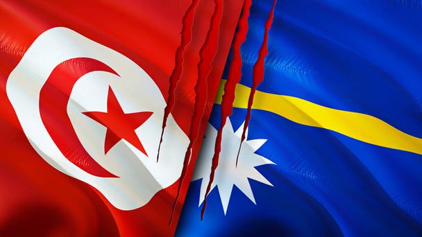 Tunisia ja Nauru liput arpi käsite. Vilkuttava lippu, 3D-renderöinti. Tunisian ja Naurun konfliktin käsite. Tunisia Nauru suhteet käsite. Tunisian lippu ja Nauru kriisi, sota, hyökkäys concep - Valokuva, kuva