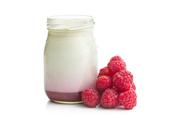 yogurt in jar with raspberries - Photo, Image