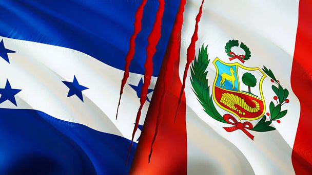 Σημαίες Ονδούρας και Περού με ουλή. Κυματιστή σημαία 3D απόδοση. Ονδούρα και Περού Ονδούρα Περού σχέσεις έννοια. σημαία της Ονδούρας και του Περού κρίση, πόλεμος, επίθεση concep - Φωτογραφία, εικόνα