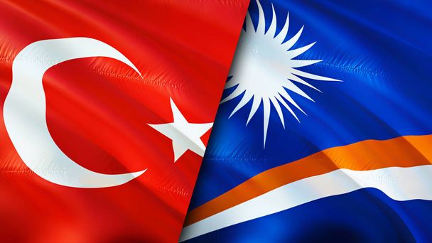 Прапори Туреччини та Маршаллових островів. 3D Waving Flag Прапор Туреччини Маршаллові Острови, фото, шпалери. Turkey vs Marshall Islands image, 3D-рендеринг. Міжнародні відносини між Маршалловими островами - Фото, зображення