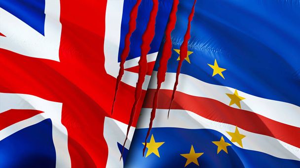 イギリスとカーボベルデは傷の概念でフラグを立てます。旗を振って3Dレンダリング。イギリスとカーボベルデの紛争の概念。イギリスカーボベルデ関係の概念。イギリスの国旗 - 写真・画像