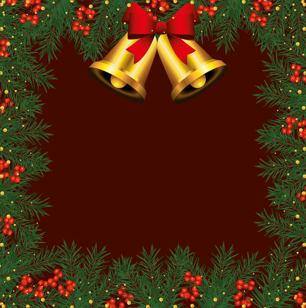 Wesołych Świąt rama ze złotymi dzwonkami i liśćmi - Wektor, obraz