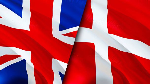 Banderas del Reino Unido y Dinamarca. Diseño de banderas 3D Waving. Reino Unido Dinamarca bandera, foto, fondo de pantalla. Reino Unido vs Dinamarca imagen, representación 3D. Reino Unido Dinamarca relaciones alianza un - Foto, Imagen