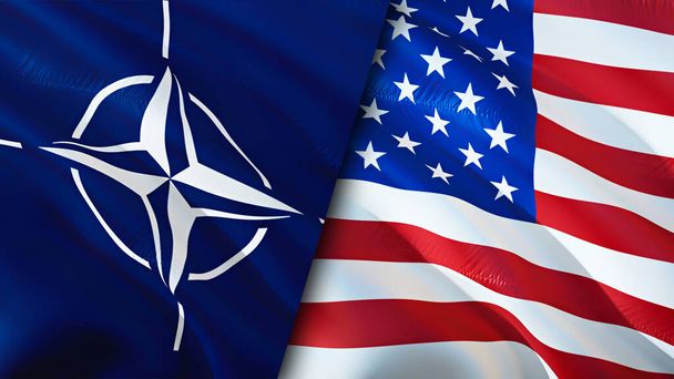 Флаги НАТО и США. 3D Wawing дизайн флага. Флаг США НАТО, фото, обои. NATO vs USA image, 3D rendering. Альянс НАТО по отношениям и торговле, путешествиям, туризму - Фото, изображение