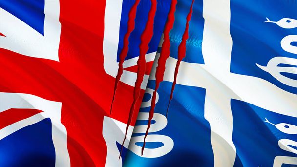 Флаги Великобритании и Мартиники со шрамом. Флажок, 3D рендеринг. Концепция конфликта Великобритании и Мартиники. Концепция отношений Великобритании и Мартиники. флаг Объединённого Кингдо - Фото, изображение