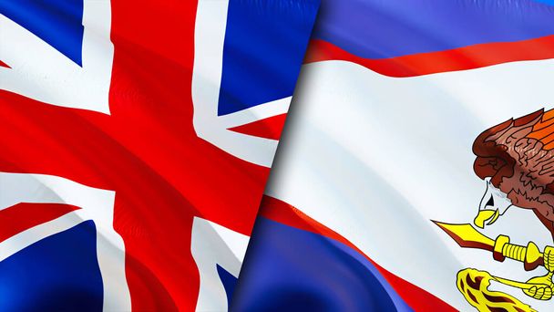 Banderas del Reino Unido y Samoa Americana. Diseño de banderas 3D Waving. Reino Unido Samoa Americana bandera, foto, fondo de pantalla. Reino Unido vs Samoa Americana imagen, representación 3D. Reino Unido América - Foto, Imagen