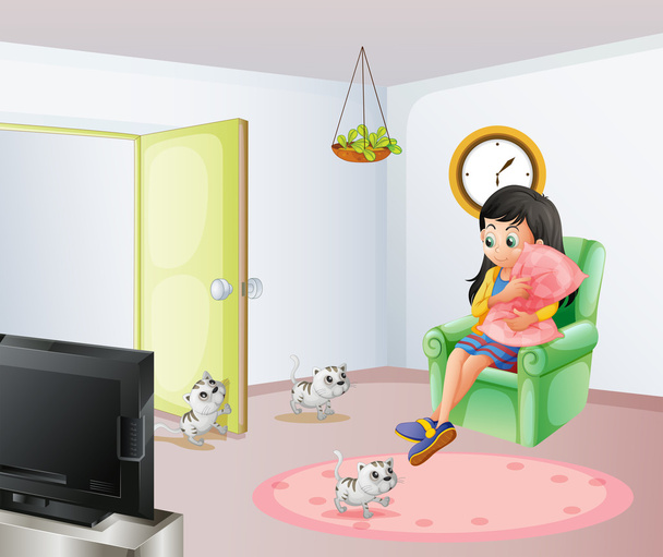 μια νεαρή κοπέλα μέσα στο δωμάτιο με τα κατοικίδια ζώα - Διάνυσμα, εικόνα