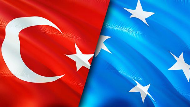 Σημαίες Τουρκίας και Μικρονησίας. Σχεδιασμός τρισδιάστατης κυματιστή σημαίας. Σημαία Μικρονησίας Τουρκίας, φωτογραφία, ταπετσαρία. Τουρκία εναντίον Μικρονησίας εικόνα, 3D απόδοση. Τουρκία Συμμαχία σχέσεων Μικρονησίας και Εμπόριο, Ταξίδια, Τουρισμός - Φωτογραφία, εικόνα