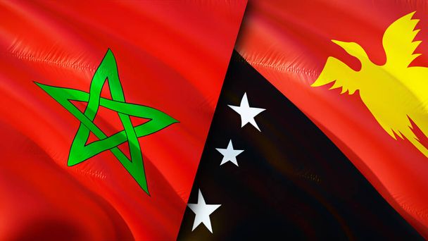 Morocco and Papua New Guinea flags. 3D Waving flag design. Morocco Papua New Guinea flag, picture, wallpaper. Morocco vs Papua New Guinea image,3D rendering. Morocco Papua New Guinea relation - Photo, Image