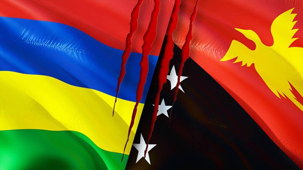 Mauritius und Papua-Neuguinea-Flaggen mit Narbenkonzept. Fahnenschwenken, 3D-Rendering. Mauritius und Papua-Neuguinea sind Konfliktgebiete. Mauritius Papua Neuguinea Beziehungen Konzept. Flagge von Mauritius an - Foto, Bild