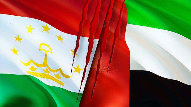 Tajikistan and United Arab Emirates flags with scar concept. Waving flag,3D rendering. Tajikistan and United Arab Emirates conflict concept. Tajikistan United Arab Emirates relations concept. fla - Photo, Image