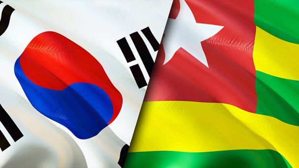 Zuid-Korea en Togo vlaggen. 3D Waving vlag ontwerp. Zuid-Korea Togo vlag, foto, behang. Zuid Korea vs Togo imago, 3D weergave. Zuid-Korea Togo betrekkingen alliantie en Handel, reizen, reizen, reizen - Foto, afbeelding