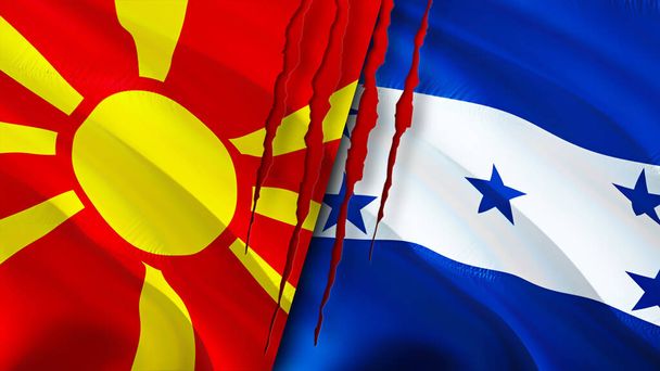 Σημαίες Βόρειας Μακεδονίας και Ονδούρας με ουλή. Κυματιστή σημαία, τρισδιάστατη απόδοση. Έννοια σύγκρουσης Βόρειας Μακεδονίας και Ονδούρας. Η έννοια των σχέσεων με την Ονδούρα. σημαία της Βόρειας Μακεδονίας - Φωτογραφία, εικόνα