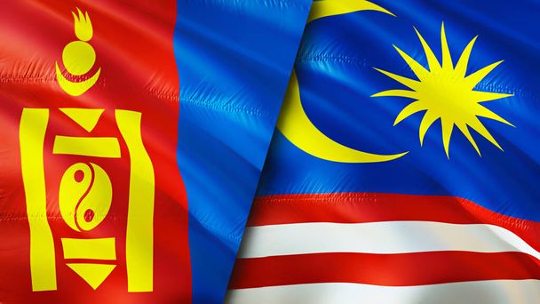 Mongolia ja Malesia liput. 3D Heiluttaen lippu suunnittelu. Mongolia Malesia lippu, kuva, tapetti. Mongolia vs Malesia kuva, 3D renderöinti. Mongolia Malesia suhteet liitto ja kauppa, matkailu, Touris - Valokuva, kuva