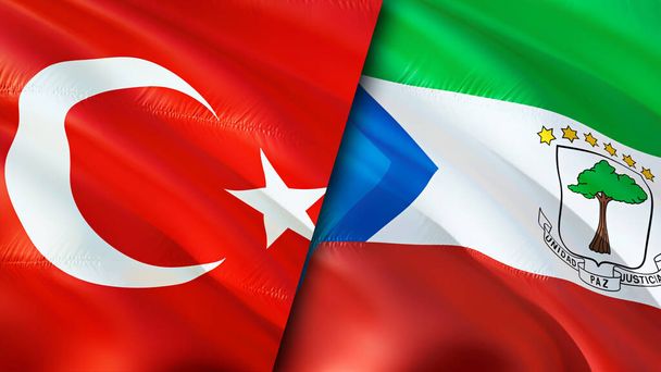 Σημαίες Τουρκίας και Ισημερινής Γουινέας. Σχεδιασμός τρισδιάστατης κυματιστή σημαίας. Τουρκία Ισημερινή Γουινέα σημαία, εικόνα, ταπετσαρία. Τουρκία εναντίον Ισημερινής Γουινέας εικόνα, 3D απόδοση. Σχέσεις Τουρκίας-Ισημερινής Γουινέας - Φωτογραφία, εικόνα
