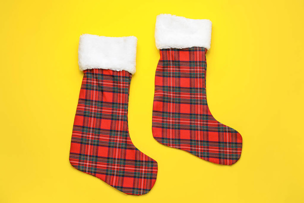 Christmas socks on color background - Photo, Image