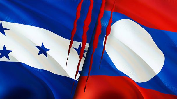 Σημαίες Ονδούρας και Λάος με ουλή. Κυματιστή σημαία 3D απόδοση. Ονδούρα και Λάος Ονδούρα Λάος σημαία της Ονδούρας και του Λάος κρίση, πόλεμος, επίθεση concep - Φωτογραφία, εικόνα