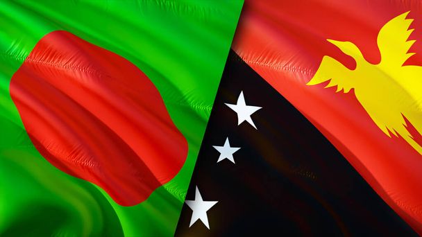 Bangladeş ve Papua Yeni Gine bayrakları. 3 boyutlu dalgalanan bayrak tasarımı. Bangladeş Papua Yeni Gine bayrağı, resim, duvar kağıdı. Bangladeş, Papua Yeni Gine 'ye karşı, görüntü 3 boyutlu. Bangladeş Papua Yeni Gine - Fotoğraf, Görsel