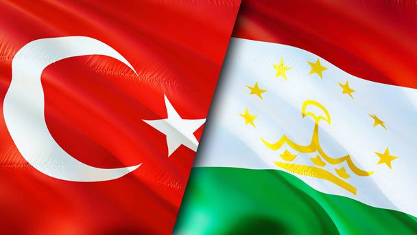 Σημαίες Τουρκίας και Τατζικιστάν. Σχεδιασμός τρισδιάστατης κυματιστή σημαίας. Τουρκική σημαία Τατζικιστάν, φωτογραφία, ταπετσαρία. Τουρκία εναντίον Τατζικιστάν εικόνα, 3D απόδοση. Τουρκία Συμμαχία σχέσεων Τατζικιστάν και Εμπόριο, Ταξίδια, Τουρισμός - Φωτογραφία, εικόνα