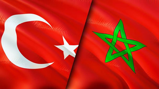 Σημαίες Τουρκίας και Μαρόκου. Σχεδιασμός τρισδιάστατης κυματιστή σημαίας. Τουρκία Μαρόκο σημαία, εικόνα, ταπετσαρία. Εικόνα Τουρκίας εναντίον Μαρόκου, τρισδιάστατη απόδοση. Τουρκία Μαρόκο σχέσεις συμμαχία και εμπόριο, ταξίδια, τουρισμός - Φωτογραφία, εικόνα