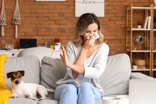 Młoda kobieta cierpiąca na alergię zwierząt domowych w domu - Zdjęcie, obraz