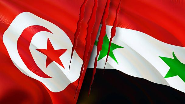 Tunesien und Syrien Flaggen mit Narbenkonzept. Fahnenschwenken, 3D-Rendering. Konfliktkonzept Tunesien und Syrien. Tunesien Syrien Beziehungen Konzept. Flagge von Tunesien und Syrien Krise, Krieg, Angriff concep - Foto, Bild