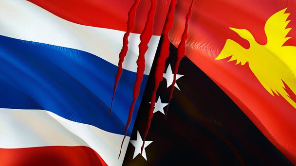 Thailand and Papua New Guinea flags with scar concept. Waving flag,3D rendering. Thailand and Papua New Guinea conflict concept. Thailand Papua New Guinea relations concept. flag of Thailand an - Photo, Image