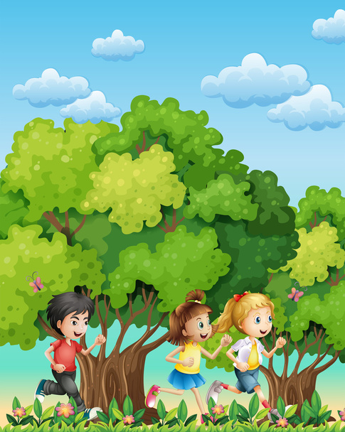 tři děti běží venkovní - Vektor, obrázek