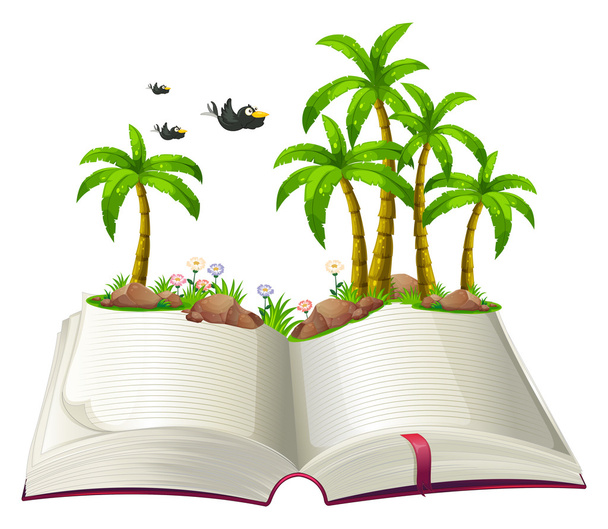 Un libro aperto con alberi di cocco e uccelli
 - Vettoriali, immagini