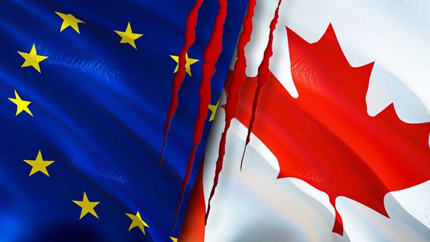 European Union and Canada flags with scar concept. Waving flag,3D rendering. European Union and Canada conflict concept. European Union Canada relations concept. flag of European Union and Canad - Zdjęcie, obraz