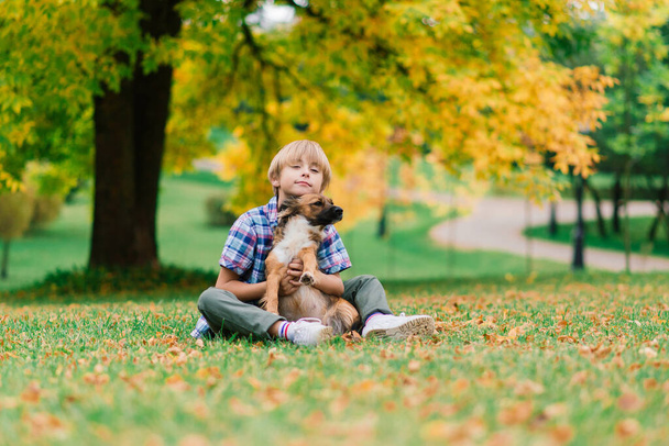 A fiú megölel egy kutyát és játszik vele ősszel, a városi parkban. - Fotó, kép