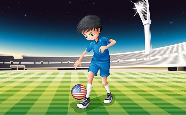 A boy at the field using the ball with the flag of the United St - Vector, Image