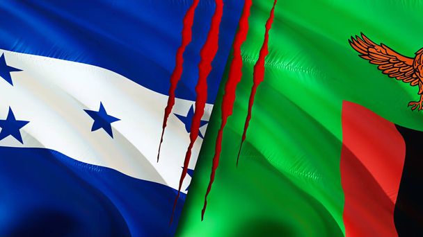 Σημαίες Ονδούρα και Ζάμπια με ουλή έννοια. Κυματιστή σημαία 3D απόδοση. Ονδούρα και Ζάμπια Ονδούρα Ζάμπια έννοια σχέσεις. σημαία της Ονδούρας και της Ζάμπια κρίση, πόλεμος, επίθεση concep - Φωτογραφία, εικόνα